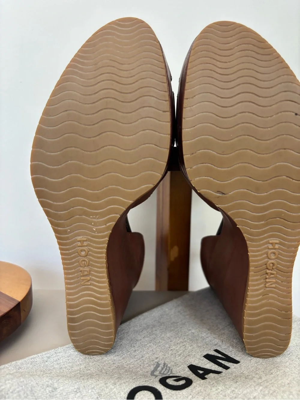 Hogan Brown Leather Wedge Sandals with Ankle Strap, sz 39 Made in Italy